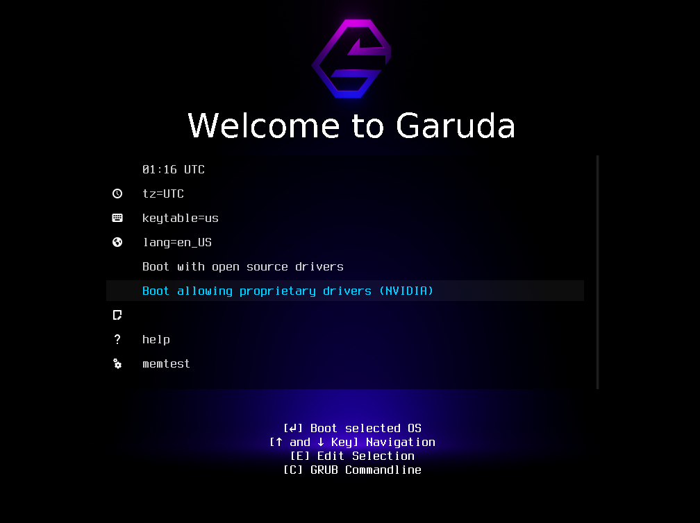 Garuda linux Boot screen