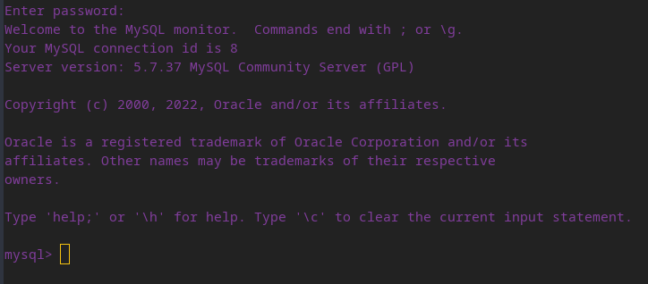 A screenshot of the MySQL shell.