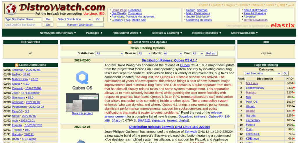 Distrowatch home page