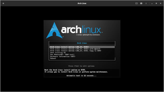 GNOME Boxes arch linux menu