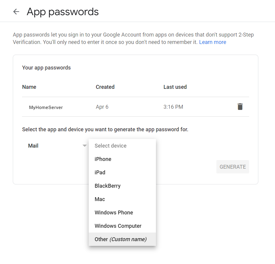 Google's App password screen