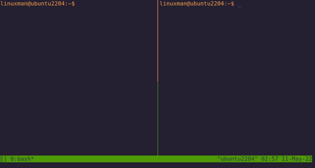 tmux  window showing a window split into two panes vertically