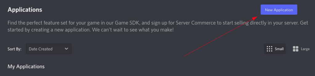Creating a new app in the Discord dev portal.