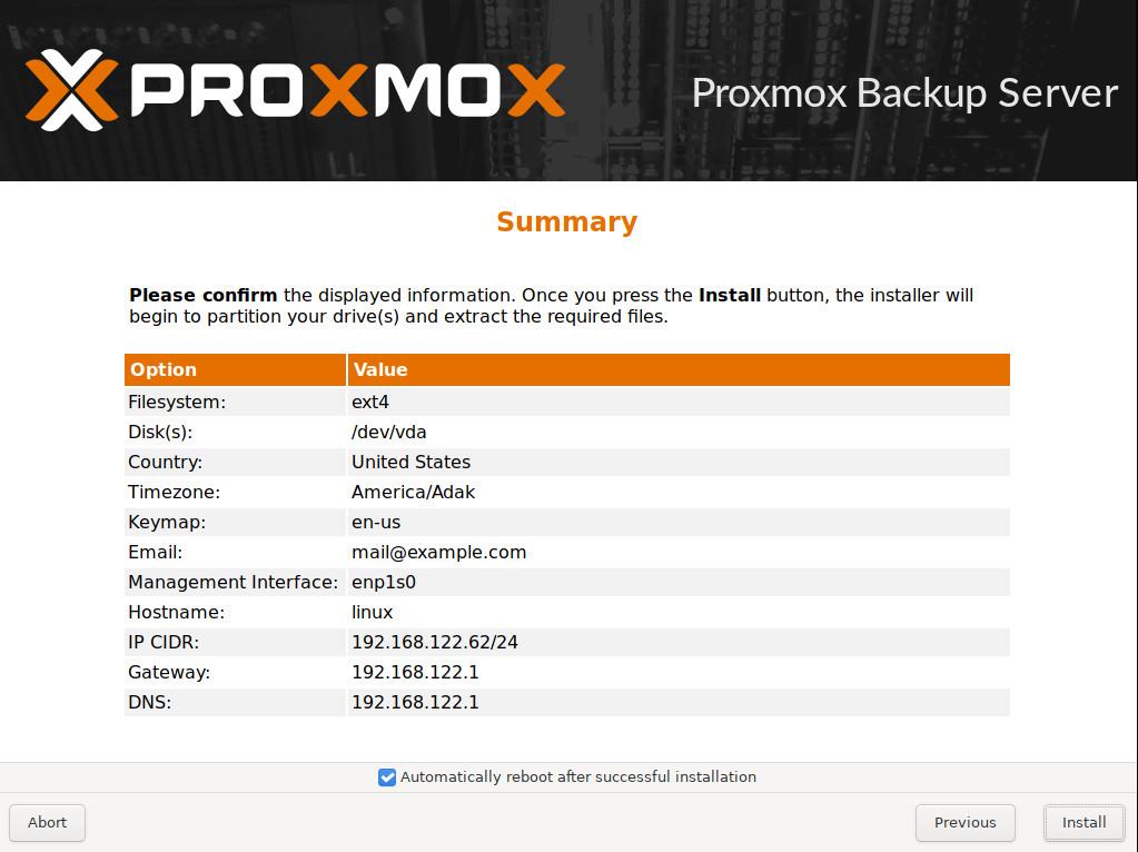 Proxmox installer summary
