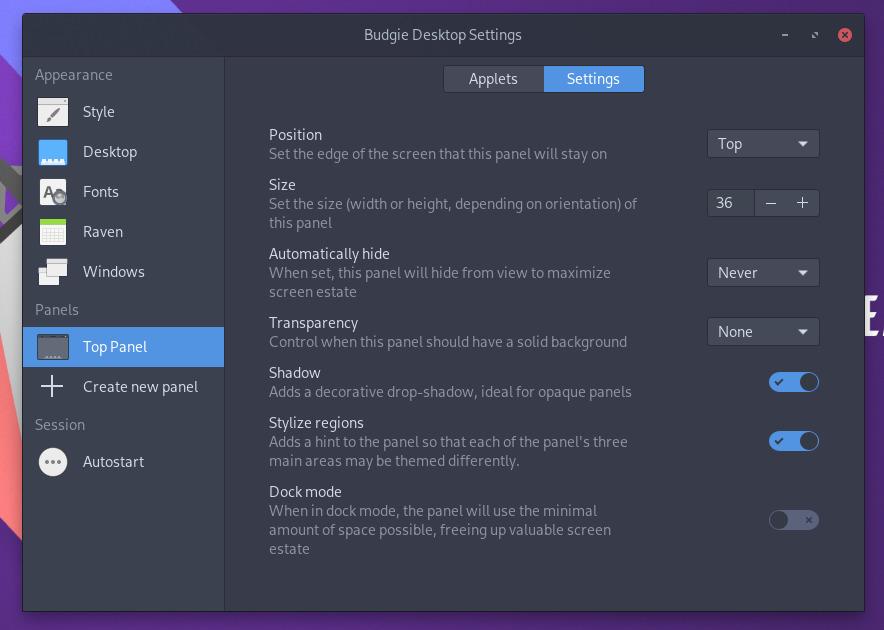 Customizing the status bar panel is extremely simple with Budgie Desktop Settings app.