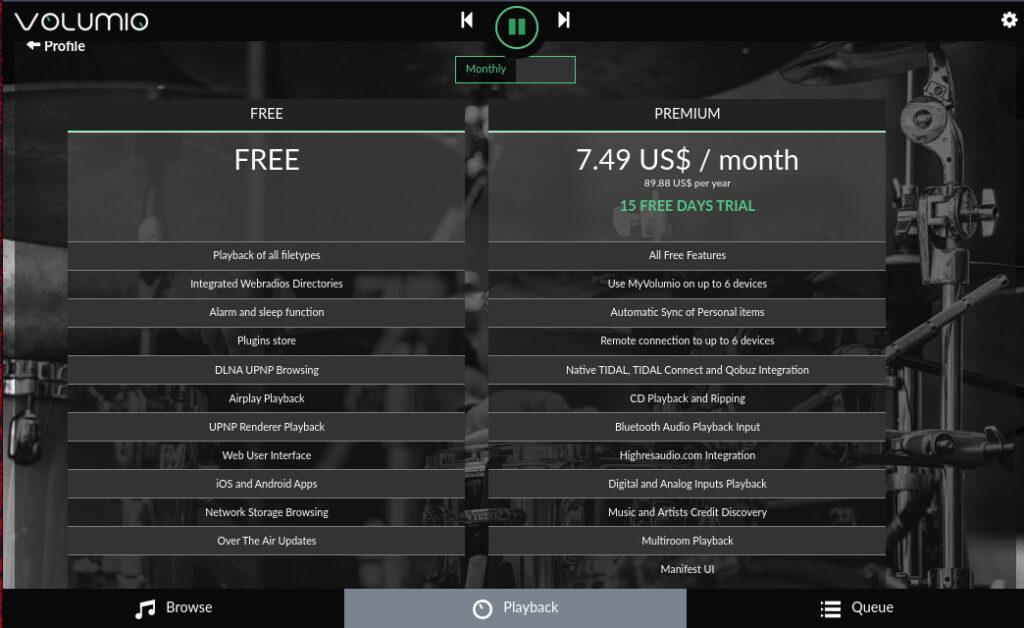 Volumio's pricing information is available directly in the UI