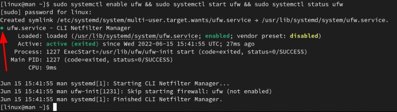 systemctl command sequence and status for ufw in arch linux