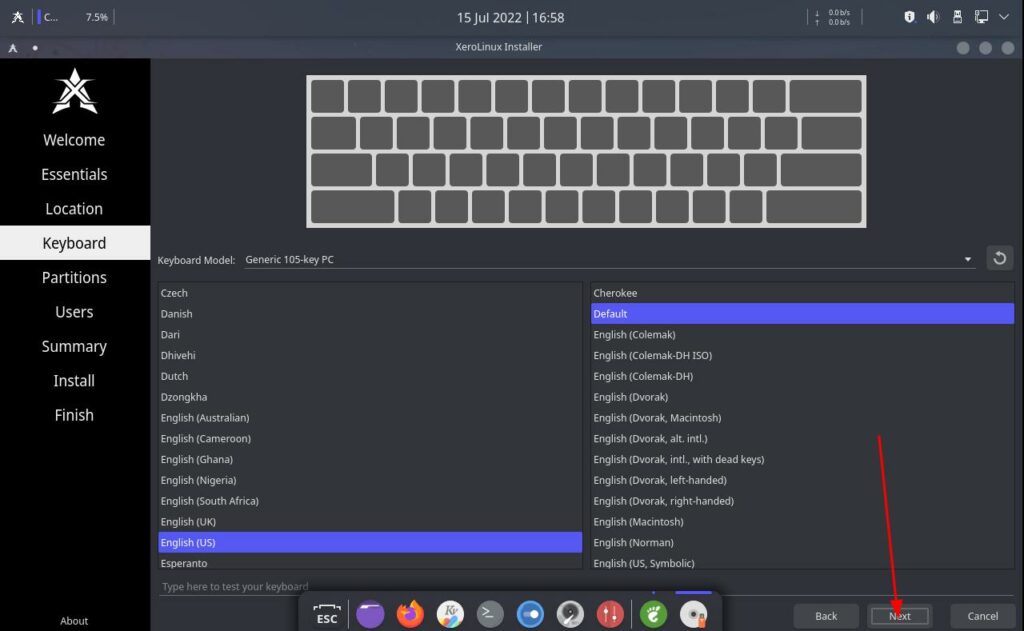 Xero Linux keyboard language choices